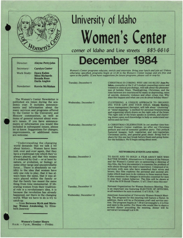 The December 1984 issue of the Women's Center Newsletter, titled "Women's Center December 1984."