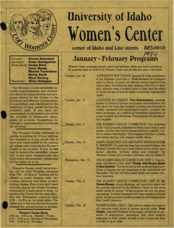 The January-February 1984 issue of the Women's Center Newsletter, titled "Women's Center January-February Programs."