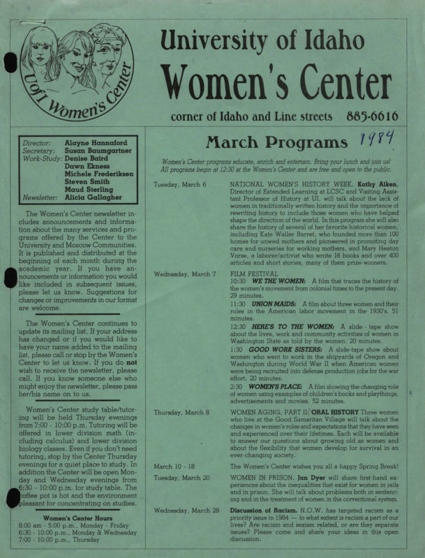 The March 1984 issue of the Women's Center Newsletter, titled "Women's Center March Programs."