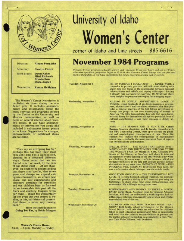 The November 1984 issue of the Women's Center Newsletter, titled "Women's Center November 1984 Programs."