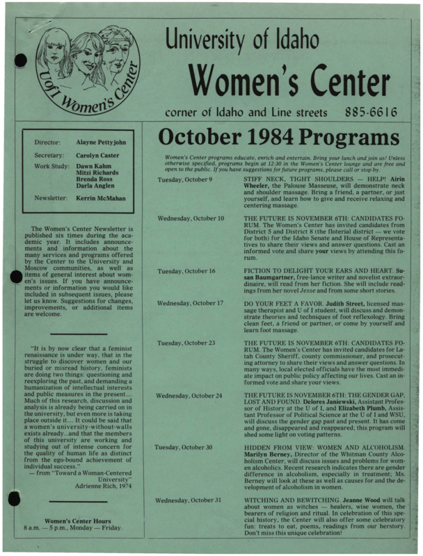 The October 1984 issue of the Women's Center Newsletter, titled "Women's Center October 1984 Programs."