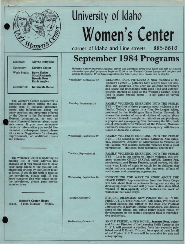 The September 1984 issue of the Women's Center Newsletter, titled "Women's Center September 1984 Programs."