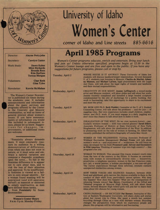 The April 1985 issue of the Women's Center Newsletter, titled "Women's Center April 1985 Programs."