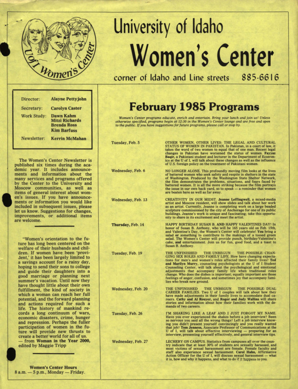 The February 1985 issue of the Women's Center Newsletter, titled "Women's Center February 1985 Programs."