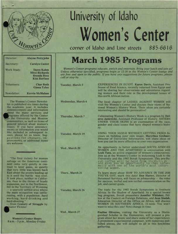 The March 1985 issue of the Women's Center newsletter, titled "Women's Center March Programs."