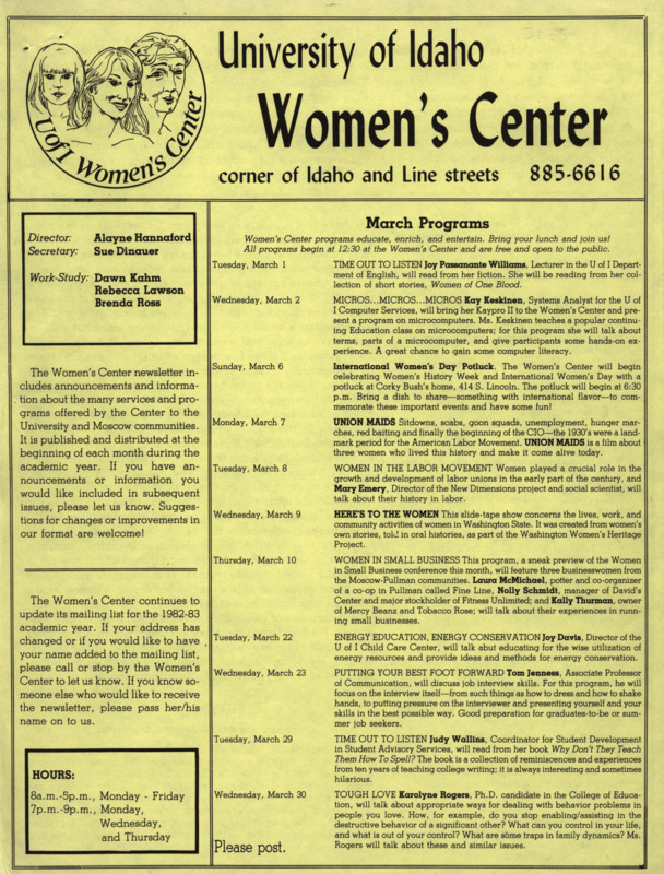 The March 1985 issue of the Women's Center newsletter, titled "Women's Center March 1985 Programs."