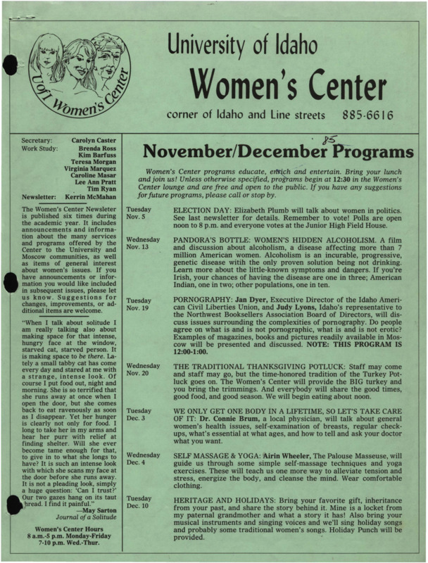 The November/December 1985 issue of the Women's Center Newsletter, titled "Women's Center November/December Programs."