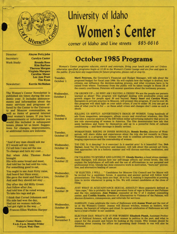 The October 1985 issue of the Women's Center Newsletter, titled "Women's Center October 1985 Programs."
