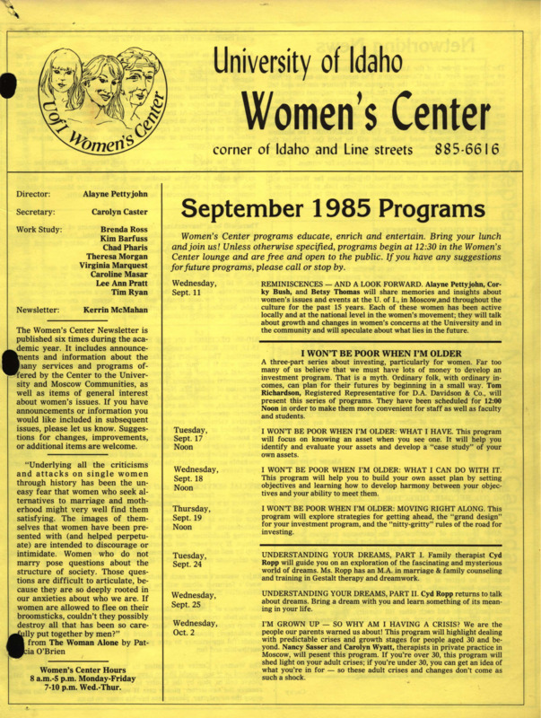 The September 1985 issue of the Women's Center Newsletter, titled "Women's Center September 1985 Programs."