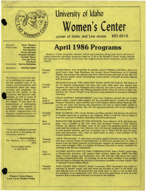 The April 1986 issue of the Women's Center Newsletter, titled "Women's Center April 1986 Programs."