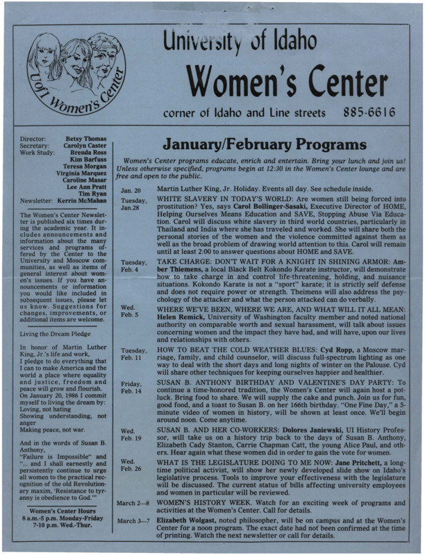 The January/February 1986 issue of the Women's Center Newsletter, titled "Women's Center January/February Programs."