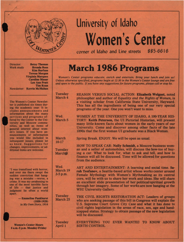 The March 1986 issue of the Women's Center Newsletter, titled "Women's Center March 1986 Programs."