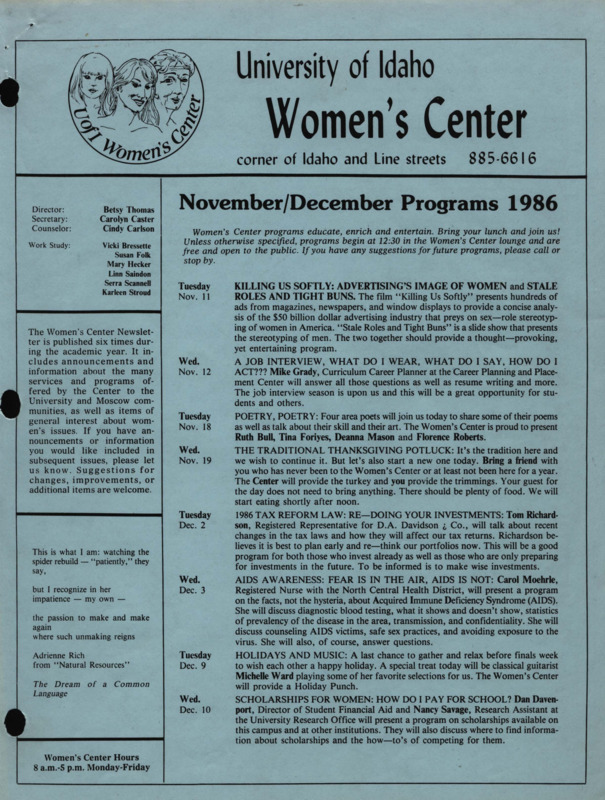 The November/December 1986 issue of the Women's Center Newsletter, titled "Women's Center November/December Programs 1986."