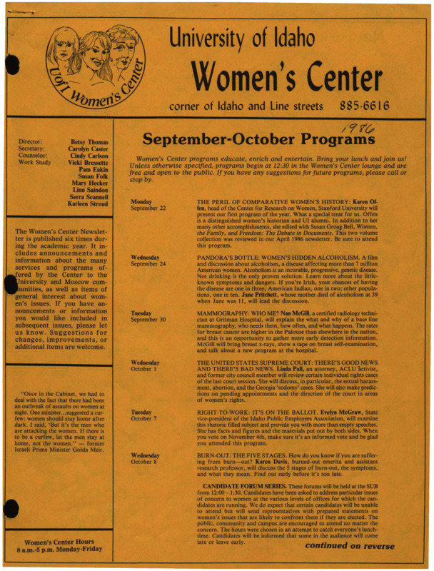 The September/October 1986 issue of the Women's Center Newsletter, titled "Women's Center September-October Programs."