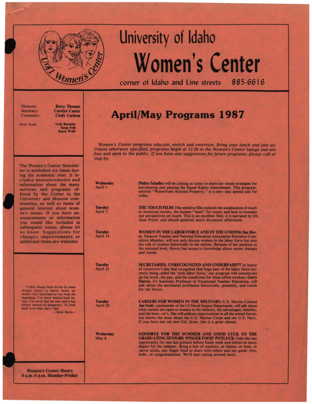 The April/May 1987 issue of the Women's Center Newsletter, titled "Women's Center April/May Programs 1987."