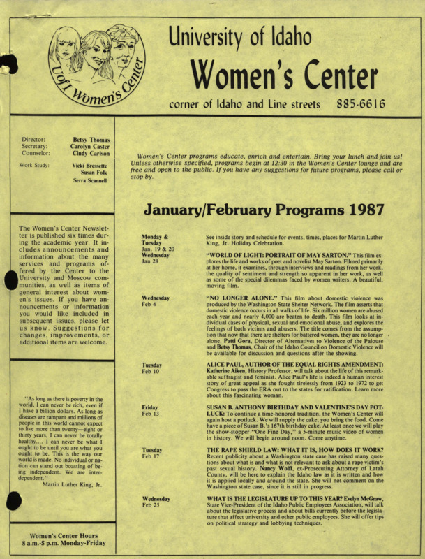 The January/February 1987 issue of the Women's Center Newsletter, titled "Women's Center January/February Programs 1987."