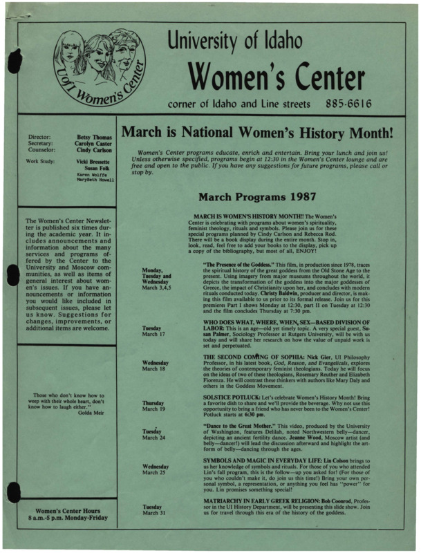 The March 1987 issue of the Women's Center Newsletter, titled "Women's Center March Programs 1987."