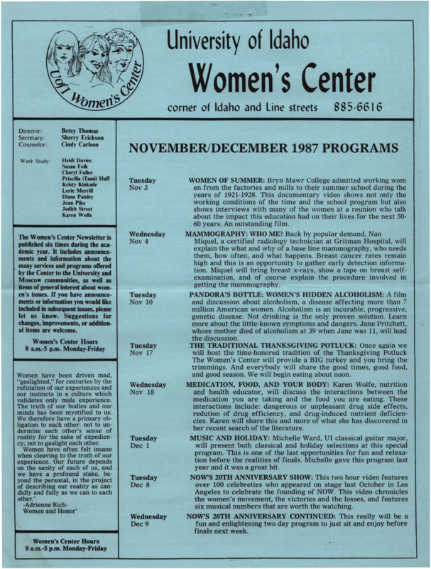 The November/December 1987 issue of the Women's Center Newsletter, titled "Women's Center November/December 1987 Programs."
