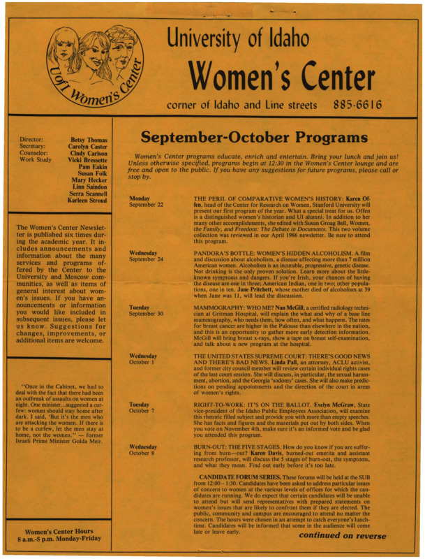 The September/October 1987 issue of the Women's Center Newsletter, titled "Women's Center September/October Programs 1987."