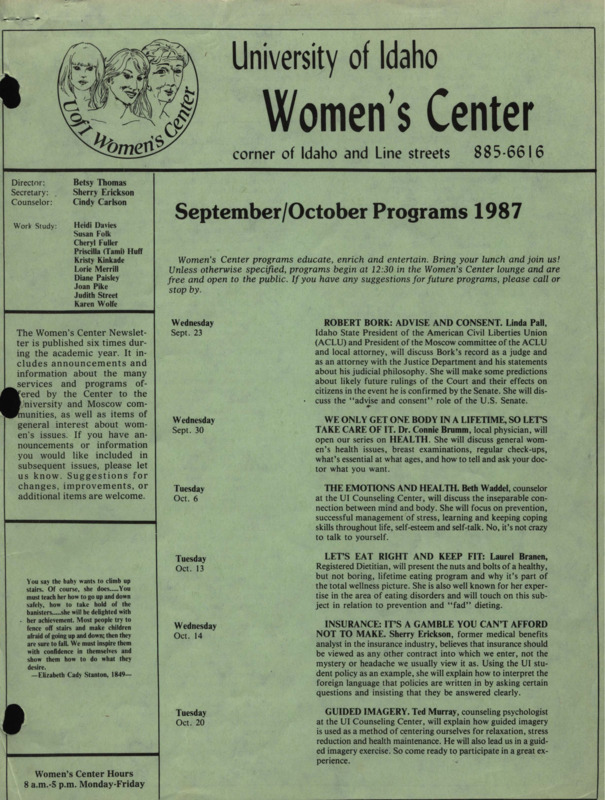 The September/October 1987 issue of the Women's Center Newsletter, titled "Women's Center September-October Programs."