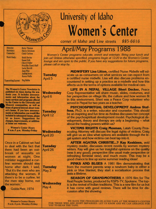 The April/May 1988 issue of the Women's Center Newsletter, titled "Women's Center April/May Programs 1988."