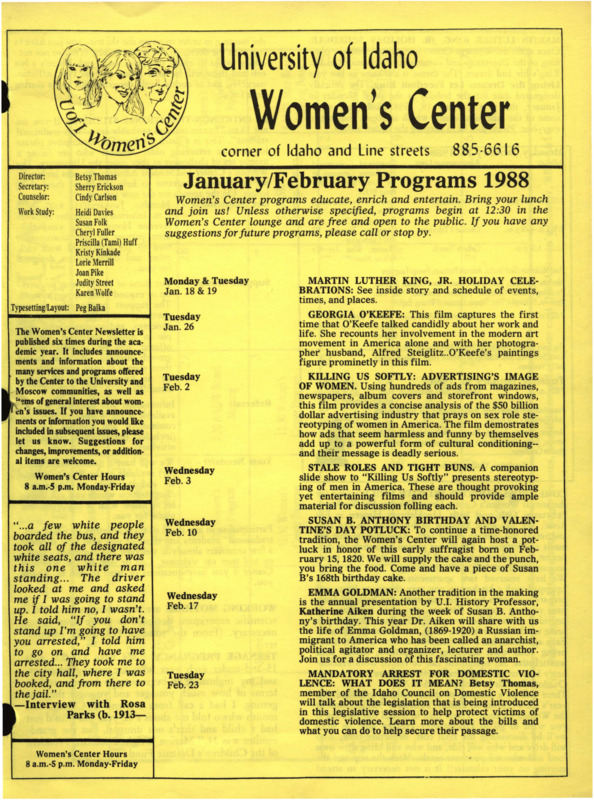 The January/February 1988 issue of the Women's Center Newsletter, titled "Women's Center January/February Programs 1988."