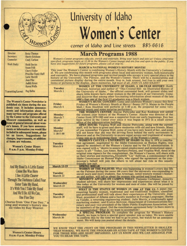 The March 1988 issue of the Women's Center Newsletter, titled "Women's Center March Programs 1988."