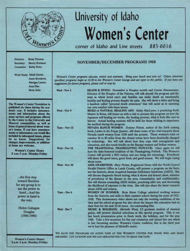 The November/December issue of the Women's Center Newsletter, titled "Women's Center November/December Programs 1988."