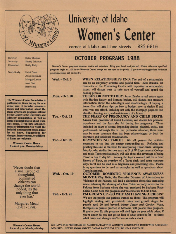 The October 1988 issue of the Women's Center Newsletter, titled "Women's Center October Programs 1988."