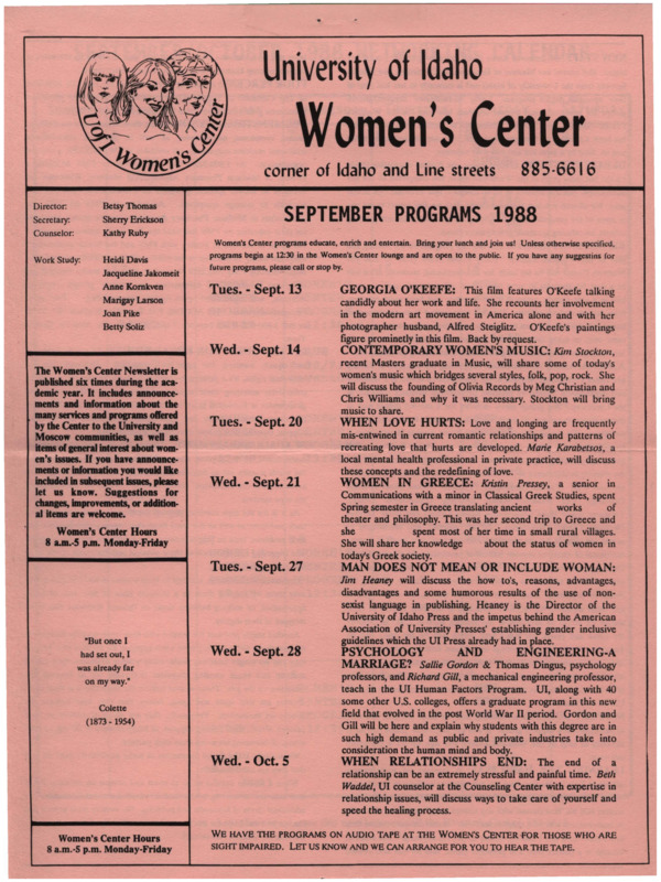 The September 1988 issue of the Women's Center Newsletter, titled "Women's Center September Programs 1988."
