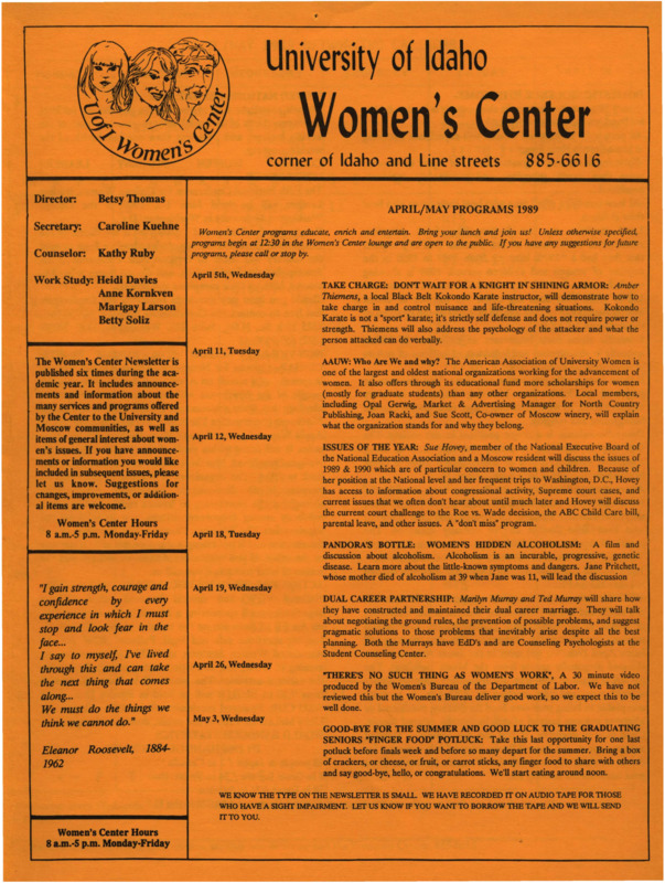 The April/May 1989 issue of the Women's Center Newsletter, titled "Women's Center April/May Programs 1989."