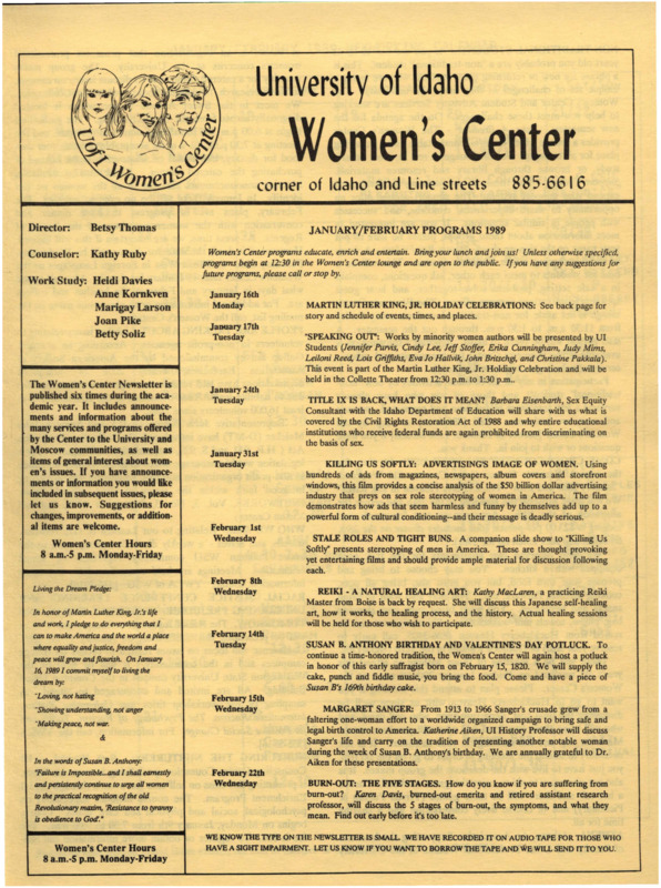 The January/February 1989 issue of the Women's Center Newsletter, titled "Women's Center January/February Programs 1989."