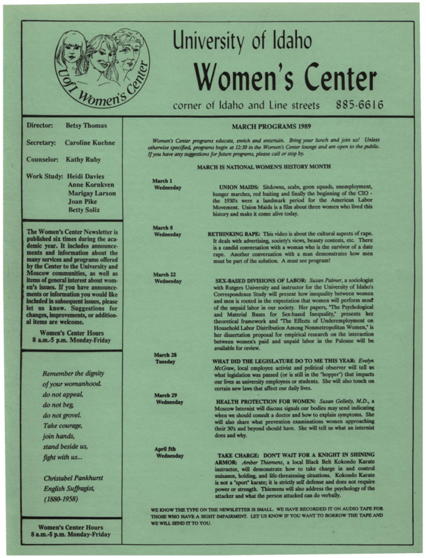 The March 1989 issue of the Women's Center Newsletter, titled "Women's Center March Programs 1989."