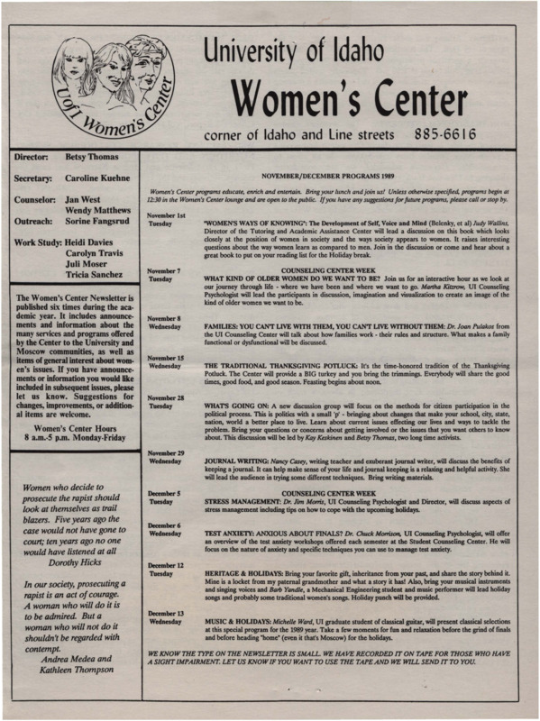 The November/December 1989 issue of the Women's Center Newsletter, titled "Women's Center November/December Programs 1989."
