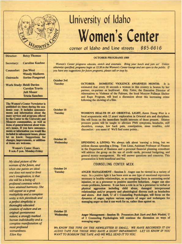 The October 1989 issue of the Women's Center Newsletter, titled "Women's Center October Programs 1989."