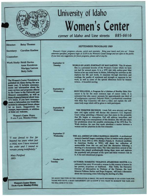 The September 1989 issue of the Women's Center Newsletter, titled "Women's Center September Programs 1989."