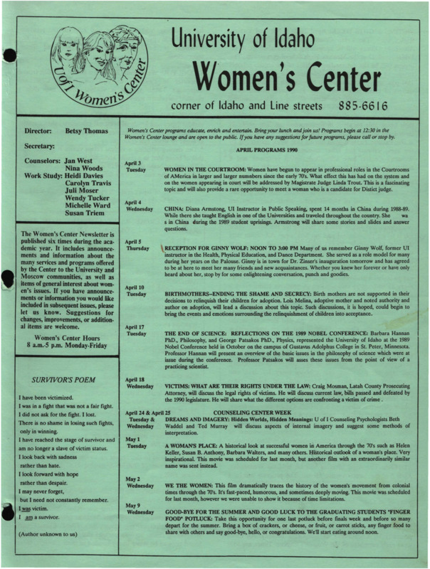 The April 1990 issue of the Women's Center Newsletter, titled "Women's Center April Programs 1990."