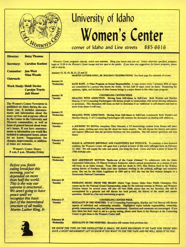 The January/February 1990 issue of the Women's Center Newsletter, titled "Women's Center."