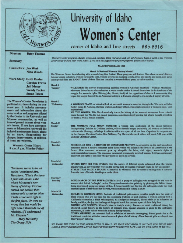 The March 1990 issue of the Women's Center Newsletter, titled "Women's Center March Programs 1990."