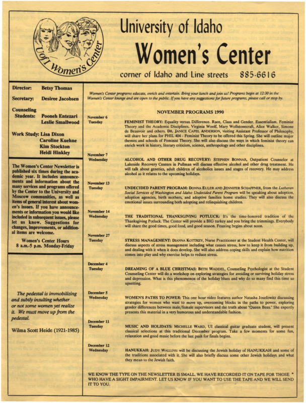The November 1990 issue of the Women's Center Newsletter, titled "Women's Center November Programs 1990."
