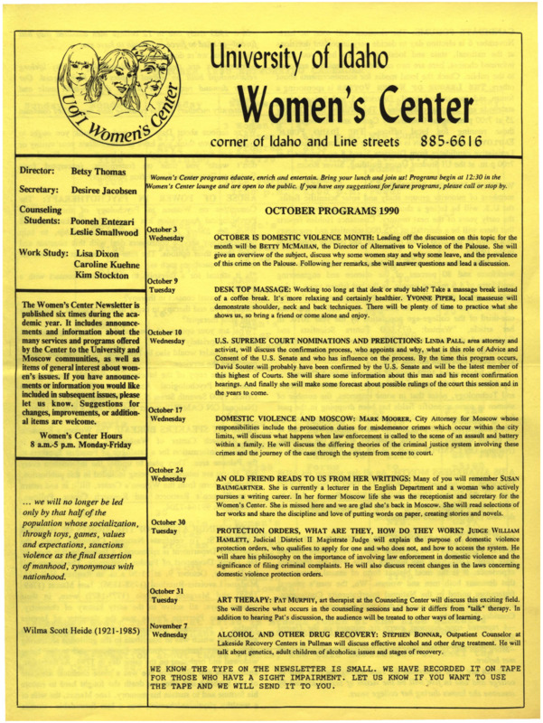 The October 1990 issue of the Women's Center Newsletter, titled "Women's Center October Programs 1990."