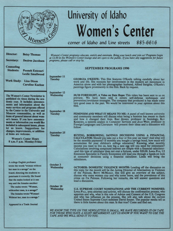 The September 1990 issue of the Women's Center Newsletter, titled "Women's Center September Programs 1990."