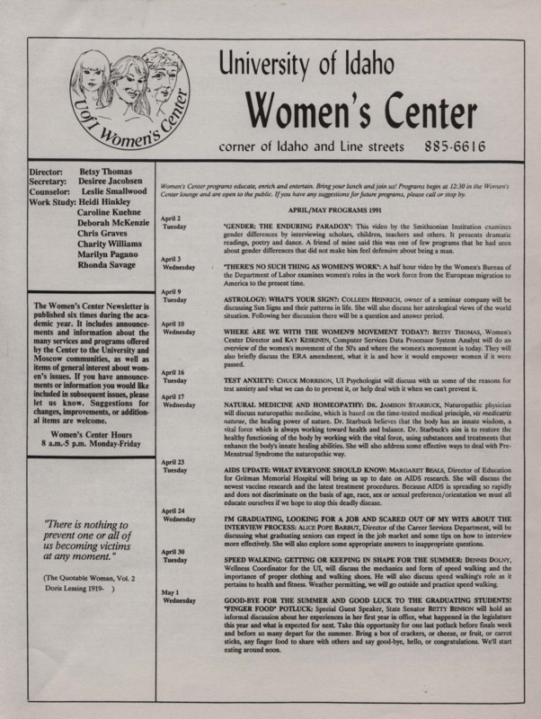 The April/May 1991 issue of the Women's Center Newsletter, titled "Women's Center April/May Programs 1991."