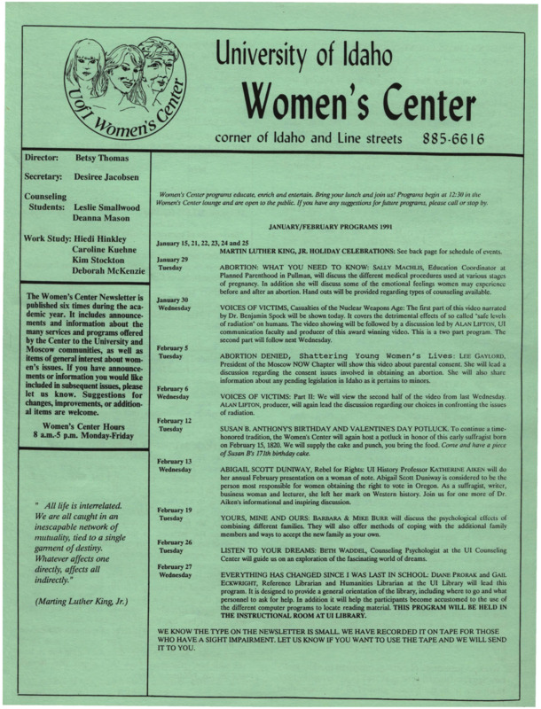 The January/February 1991 issue of the Women's Center Newsletter, titled "Women's Center January/February Programs 1991."
