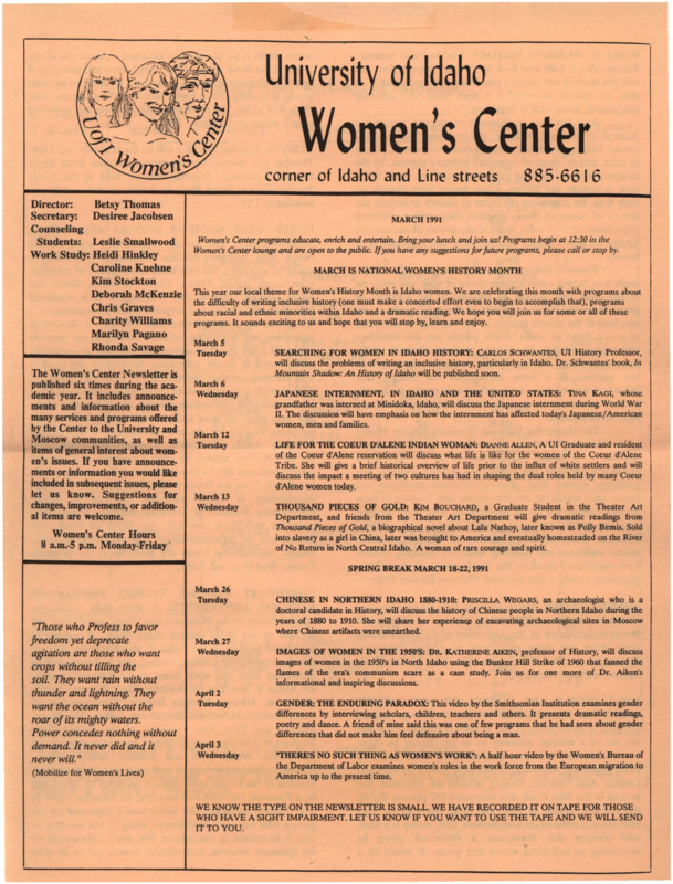 The March 1991 issue of the Women's Center Newsletter, titled "Women's Center March 1991."