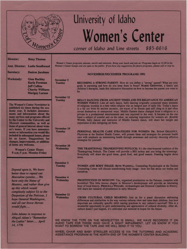 The November/December 1991 issue of the Women's Center Newsletter, titled "Women's Center November/December Programs 1991."
