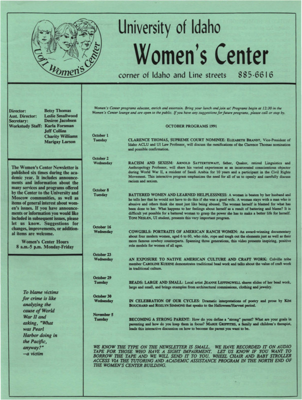 The October 1991 issue of the Women's Center Newsletter, titled "Women's Center October Programs 1991."