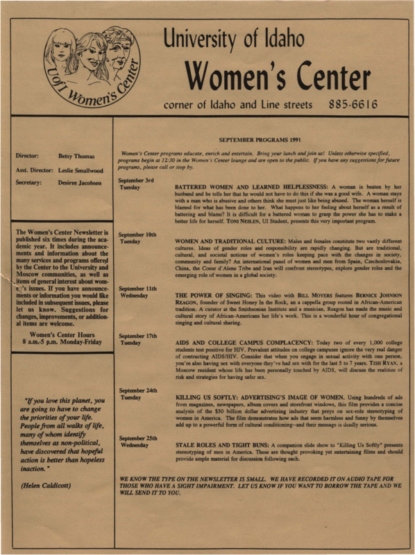 The September 1991 issue of the Women's Center Newsletter, titled "Women's Center September Programs 1991."