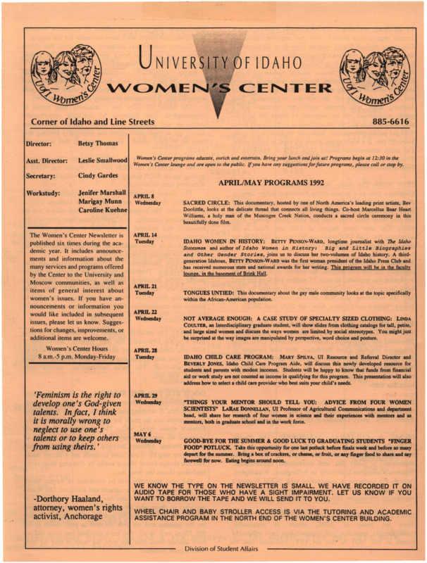 The April/May 1992 issue of the Women's Center Newsletter, titled "Women's Center April/May Programs 1992."