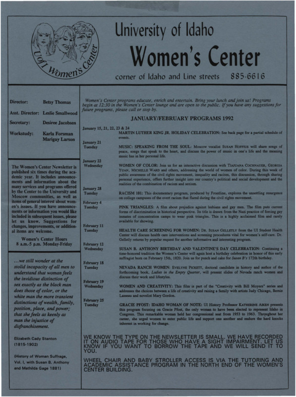The January/February 1992 issue of the Women's Center Newsletter, titled "Women's Center January/February Programs 1992."